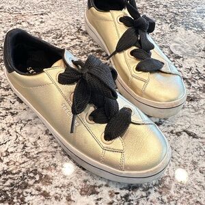Skechers Metallic Gold Platform Sneakers with Black Ribbon Laces